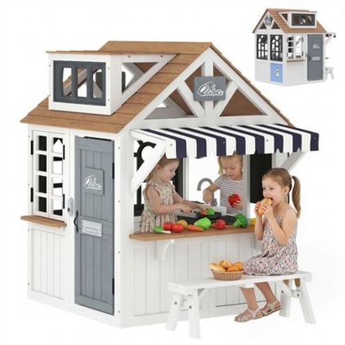 Qaba Outdoor Playhouse, Wooden Kids Playhouse with Dog Door, Cookware, Blackboard, Bench, Doorbell for Garden, Indoor Playroom Play for Ages 2+