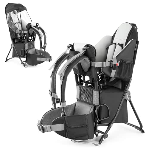 besrey Baby Backpack Carrier, Toddler Hiking Backpack with Safety 3-Height Seat, Adjustable Straps&Waist Belt, Foldable Frame Lightweight Large Capacity Child Carrier for Hiking (Black)