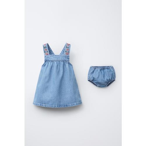 EMBROIDERED DENIM PINAFORE DRESS AND BLOOMERS - Blue | ZARA United States