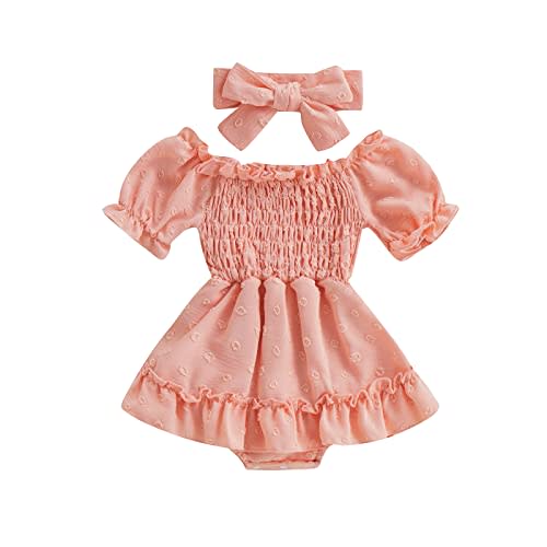 Infant Baby Girls Romper Dress 3 6 9 12 18 Months Onesie Summer Clothes Ruched Jumpsuits Hem Bodysuits Headband