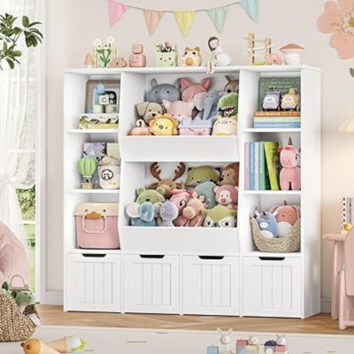 FINETONES Toy Organizers and Storage with 4 Movable Drawers, Large Toy Storage Organizer with 8 Open Storage Cubbies, Kids Bookshelf and Toy Storage with Hidden Wheels for Playroom, Kids Room,White