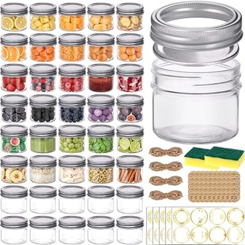 STARSIDE 4 oz Glass Mason Jars with Airtight Silver Lids and Bands, 40-Pack with Stickers,Tags & Twines, Mini Canning Jars for Jams, Honey, Spices, Dried Snacks, DIY Crafts, Wedding Favors