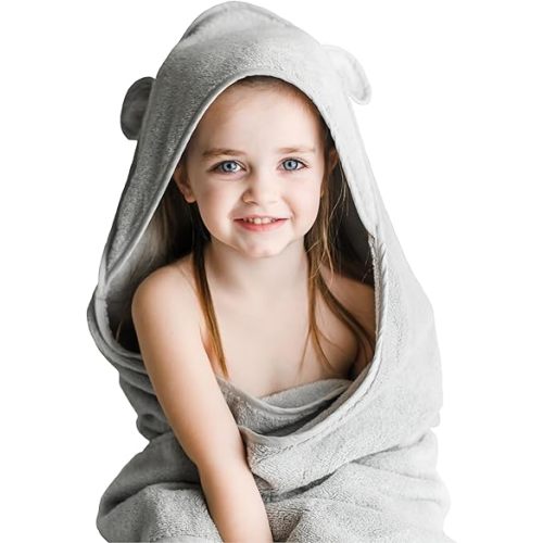 Natemia Hooded Baby Bath Towel - 100% Organic Cotton Baby Towels for Newborns, Toddlers, Boys, Girls - Soft Absorbent 450 GSM - Gentle on Sensitive Skin - Baby Shower Registry Gift (Gray, 35" x 35")