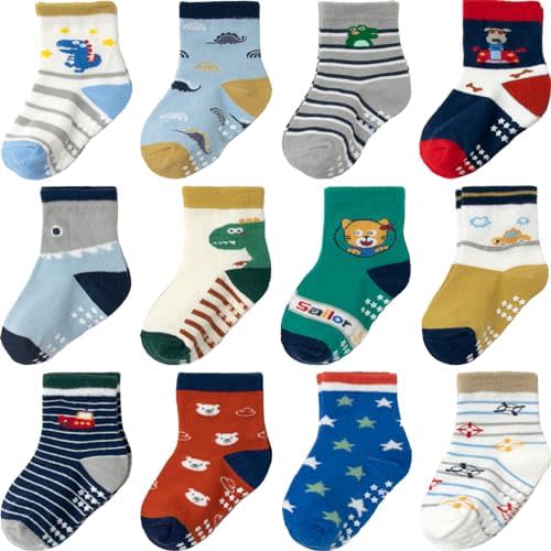 Aroveea Non Slip Grip Ankle Baby Socks 12 Pack for Toddler Boys and Girls Kids,Infant Cute Cotton Baby Socks