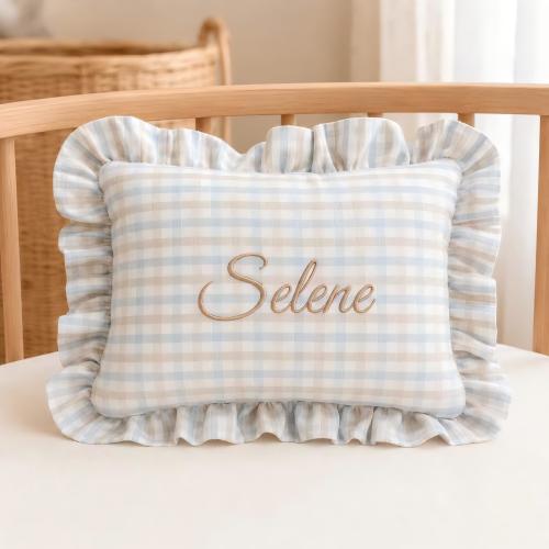 Personalized Gingham Cushion, Embroidered Name Ruffle Nursery Pillow, Newborn Baby Shower Gift