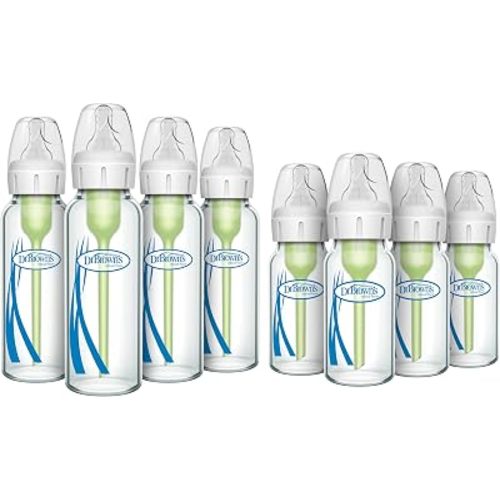 Dr. Brown's Anti-Colic Options + Narrow Glass Baby Bottle with Level 1 Slow Flow Nipple, BPA-Free, 0m+, 4 oz/120mL, 4-Pack + 8oz/250mL, 4-Pack