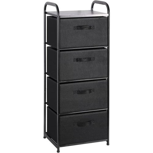 MAX Houser 4 Drawer Fabric Dresser Tall Storage Tower, Dresser Chest with Wood Top, Vertical Nightstand Side Organizer Unit with Metal Frame for Closets Bedroom Nursery Room Hallway(Black)
