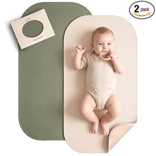 Konssy Faux Leather Baby Changing Mat, Waterproof, Wipeable & Portable Diaper Changing Pad for Travel or Home, Fits Perfectly in Diaper Bag, 30 x 17 inches (Fog Green,Beige)