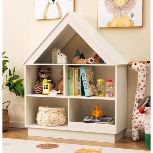 Costzon Kids Dollhouse Bookshelf, 3-Tier Wooden Open Bookcase for Toys and Books, Baby Bookshelf and Toy Storage Organizer, Book Shelf for Kids Rooms, Playroom, Nursery, Classroom (White)