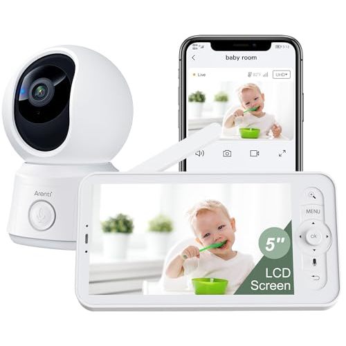 ARENTI Video Baby Monitor with Camera and Audio, 5-inch Smart Baby Camera Monitor with Free Phone App, 1080P, VOX, PTZ, One-Touch Call, Temp Sensor, Lullaby, Night Vision, Auto Tracking, 2-Way Talk