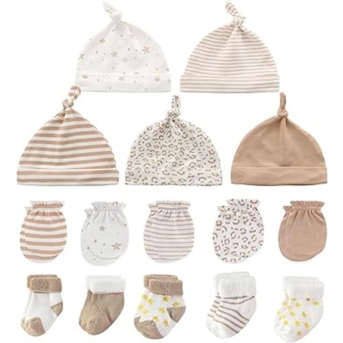 MAMIMAKA Baby Caps Mittens and Thick Warm Socks Cotton Newborn Essentials Accessories (Hats+Gloves+Terry Socks),0-6 Months