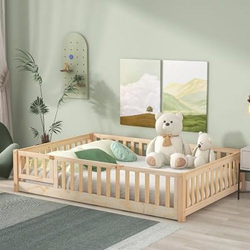 Full Size Toddlers Montessori Bed with Fence, Wooden Floor Bed Playpen with Doors, Kids Play Bed with Guardrails for Boys Girls (Natural)