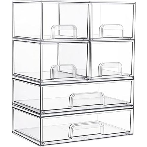 Vtopmart Stackable Storage Drawers Set of 6, Clear Plastic Organizer Bins for Bathroom Supplies,Ideal for Cabinet,Pantry,Laundry Room Organization