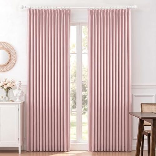 MYSKY HOME Pink Linen Pinch Pleated 100% Blackout Curtains 40Wx84L,2 Panels