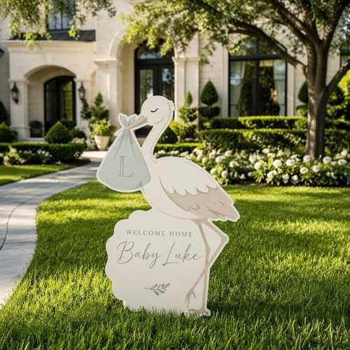 Luxury Baby Stork Yard Sign | Elegant Neutral Newborn Announcement 3 Ft