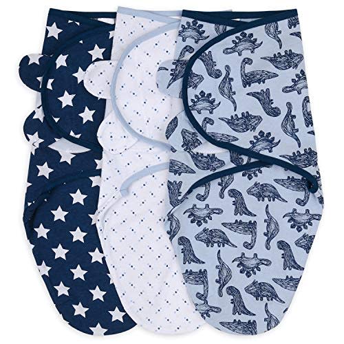 The Peanutshell Baby Swaddle Blankets Set of 3 - Baby Boy Sleep Sack for Newborn, Newborns Sack 0-3, 3-6 Month Swaddles, Soft & Breathable Cotton - Blue Dinosaur (M/L)