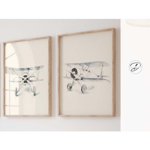 Vintage Boy Nursery decor, Vintage Plane Nursery prints, Set of 2, Baby boy nursery Wall art, Travel Nursery decor, Biplane Printed art