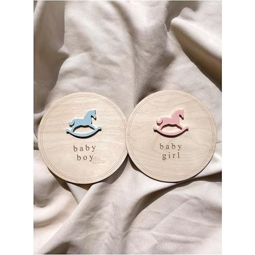 FELIXTA SET 2 OF He's Here/She's Here Wooden Baby Announcement Sign, 4x4 inches