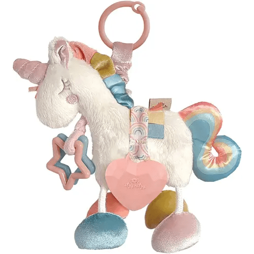 Itzy Ritzy Link & Love Toy for Stroller or Car Seat; Features Textured Ribbons, Crinkle Sounds, Clinking Rings & Silicone Teether; Designed For Ages 0 Months and Up (Unicorn)