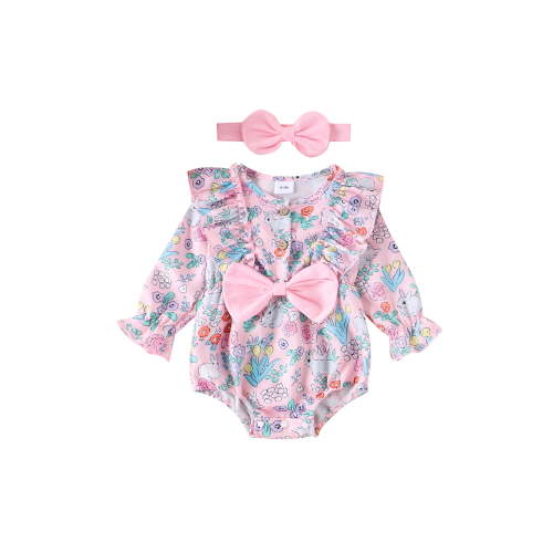 Bagilaanoe Newborn Baby Girl Rompers Print Long Sleeve Bodysuits + Headband 3M 6M 9M 12M 18M Infant Spring One Piece Jumpsuit