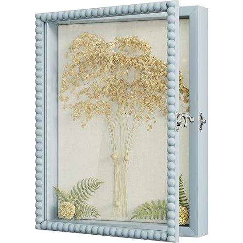 Love-KANKEI Shadow Box Frame 11x14, Deep Large Shadow Box Display Case with Unique Beads Door and Glass Window, Wood Memory Box Gift for Pictures,Medals,Memorabilia,Collections Blue