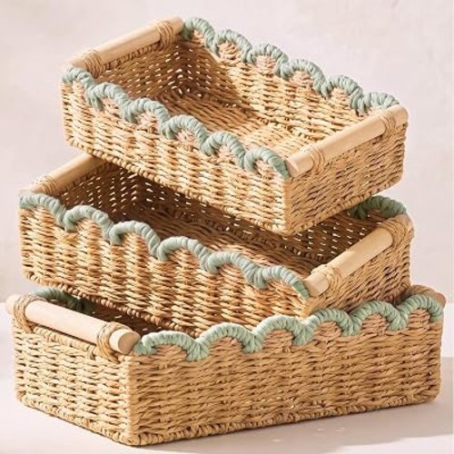 Paper Rope Storage Basket, Tan Sage Green, 3 Size, 3
