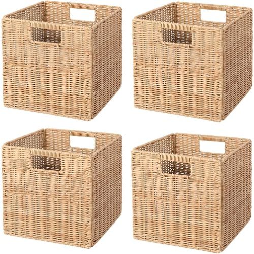 10.5 x 10.5 in Plastic Wicker Baskets for Cube Storage, Collapsible Square Wicker Storage Basket Set of 4, Rattan Storage Cube, Square Baskets for Shelves - Khaki