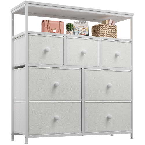 EnHomee White Dresser for Bedroom with 7 Drawers & 2 Shelves TV Stand Dresser with Wooden Top and Metal Frame Tall Dressers & Chest of Drawers for Closets Bedroom