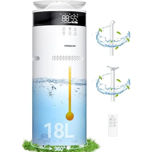 VAGKRI Humidifiers for Large Room, 18L Ultrasonic Cool Mist Humidifier for Home 2000 sq ft, 5 Mist Levels, Auto Mode, Whole House Humidifiers with 2 Extended Tube Quiet Humidifiers for Baby Home Plant