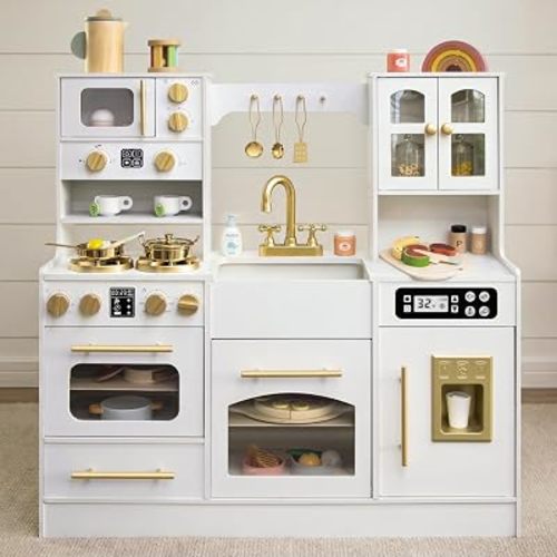 Wooden Play Kitchen with 12 Accessories, Ages 3+ Kids Toy Kitchen Playset