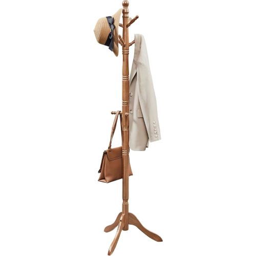 VASAGLE Solid Wood Coat Rack and Stand, Free Standing Hall Coat Tree with 10 Hooks for Hats, Bags, Purses, for Entryway, Hallway, Rubberwood, Caramel Brown URCR03WN