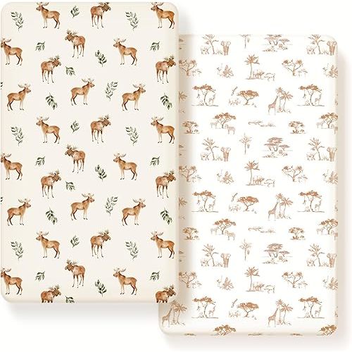 GRSSDER Stretch Ultra Soft Jersey Knit Fitted Crib Sheets Set 2 Pack, Universal Fit All Standard Crib Mattress Pads Safe and Snug, Crib Fitted Sheet with Deep Pocket, Original Design for Unisex Baby