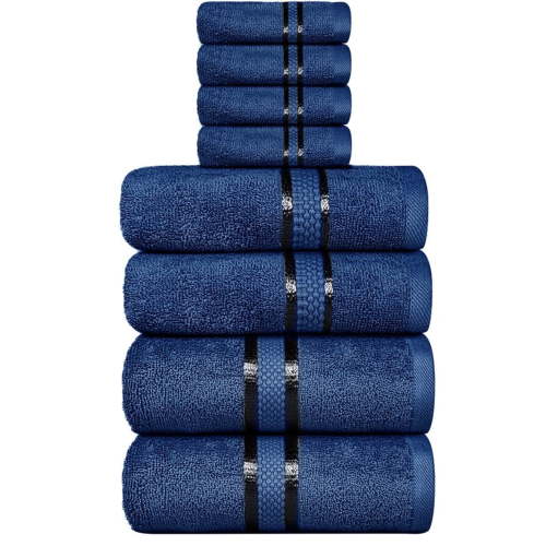 Dewall Maisons Navy Blue 8-Piece Luxurious Towel Set - 100% Cotton - Soft, Absorbent, Durable - Includes 2 Bath Towels, 2 Hand Towels, 4 Washcloths - Perfect For Upgrading Bathroom Décor