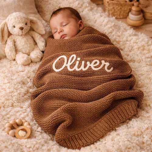 Personalized Hand-Embroidered Organic Cotton Nursery Keepsake,Personalized Organic Cotton Knit Baby Blanket Baby Blanket