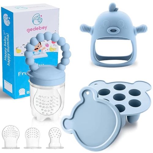 6-in-1 Baby Fruit Feeder Pacifier & Baby Food Feeder Set – Silicone Breastmilk Popsicle Mold with Freezer Tray, Teething Relief Toy, BPA Free Infant Feeder, 3 Sizes (S/M/L) Sacs (Sky Blue)