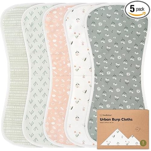 Organic Burp Cloths Baby Boy & Girl, 5-pack Cotton Burp Rags (Fleur) | Super Absorbent Cotton Burping Cloths for Babies, Soft, Plush, Newborn, Infant Towels, Milk Spit Up Rags, Large 21x10