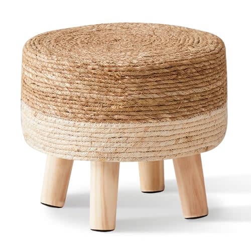 Cpintltr Foot Stool Natural Seagrass Hand Weave Poufs Round Ottoman for Couch Desk Soft Step Stool Padded Foot Rest with Non-Skid Pine Legs for Hallway Office Lounge Natural/White