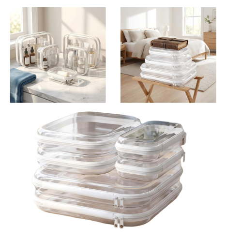 6 Pack Clear Hard Shell Zipper Case, Heavy Duty Crush-Proof Cosmetic Organizer Pouches, TSA Approved Travel Makeup Bag for Toiletries & Electronics, Multi-Size Storage Set (2L, 2M, 2S)