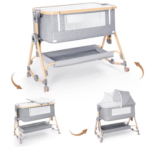 Baby Bassinets Bedside Sleeper 5 in 1,Bedside Bassinet for Baby with Mattress,Diaper changer, Storage Layer,Mosquito Net,7-level adjustable height , one-touch folding for travel with infants (Gray)