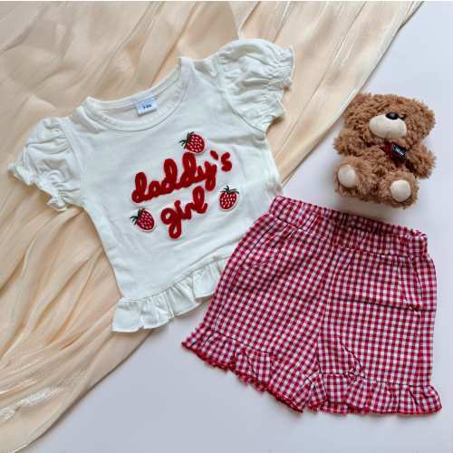 Embroidered Daddy's Girl Strawberry Outfit, Red Gingham Ruffle Shorts Set, Baby Girl Gift