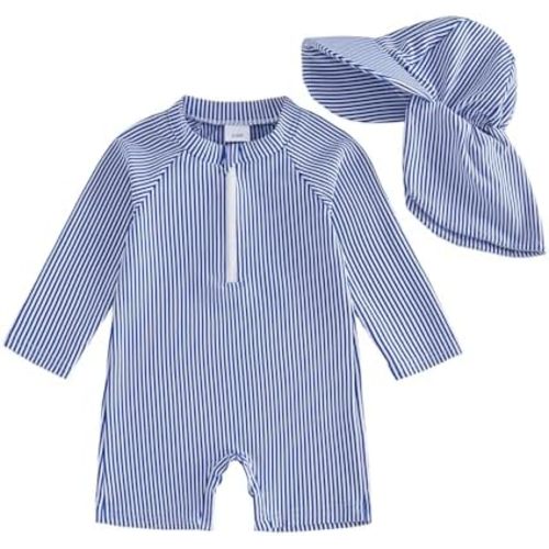 Gueuusu Baby Boys Girls Swimsuit One Piece Striped Zipper Bathing Suit Rash Guard Long Sleeve Seersucker Swimwear Sunsuit