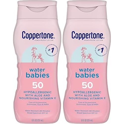 Coppertone WaterBabies Baby Sunscreen Lotion SPF 50, Hypoallergenic Sunscreen for Babies, Water Resistant, Pediatrician Recommended, 8 Fl Oz Bottle (Pack of 2)