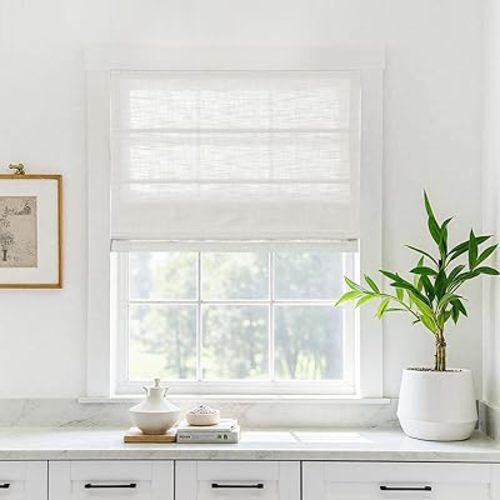 TWOPAGES Linen Roman Shades for Windows Custom Cordless Blinds for Indoor Windows,French Doors,Bedroom, Living Room, Bathroom(Ivory White, Custom Made)