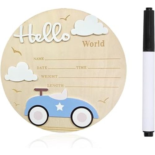 Baby Announcement Sign, 5.9 Inch Wooden Hello World Newborn Sign,Welcome Baby Signs,Birth Announcement Signs,Newborn Name Personalized for Photo Prop Car Design Hospital Nursery (Blue)