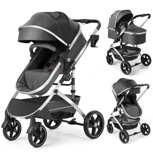 babyeap 2 in 1 Baby Stroller,Foldable Lightweight Carriage Reversible Bassinet Pram for Toddler,Travel Stroller with with Cup Holder,Gray