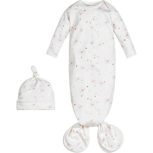 Under the Nile Organic Cotton Knotted Gown and Beanie Set, Shadow Floral. 0-3 Months