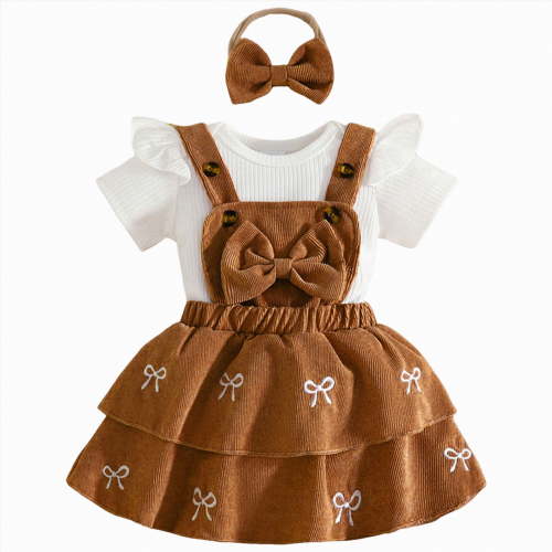 Xyant Baby Girl Summer Clothes Overall Dress Short Sleeve Ribbed Romper Suspender Skirts Headband Infant 3Pcs Outfits Set (Coffee,6-9 Months)