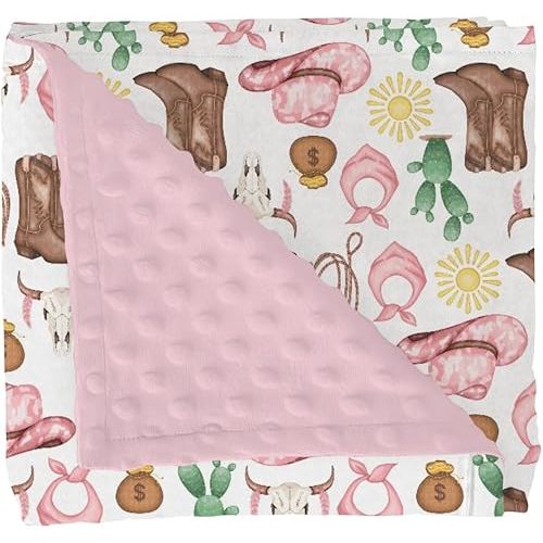 Pink Western Cowgirl Baby Blankets for Girl Cowgirls Boots Hat Horse Cactus Sun Cow Skulls Soft Mink Dotted Backing Double Layer Swaddle Receiving Blanket Wild West Bed Throw for Newborn Toddler 30x40