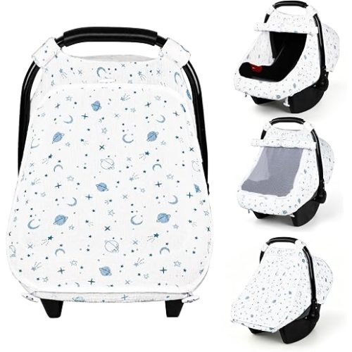 Muslin Car Seat Cover Baby, Breathable Baby Carseat Cover for Girls Boys, Lightweight Infant Car Seat Cover, Universal Stroller Cover for Sunshade, Baby Essentials for Outdoor in Summer, Blue Planet