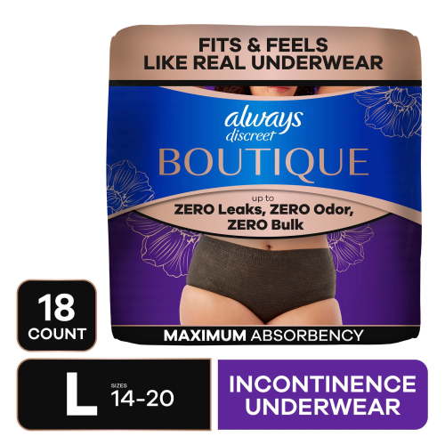 Always Discreet Boutique Incontinence Underwear, Maximum Protection, L, Black, 18 Count HSA/FSA Eligible